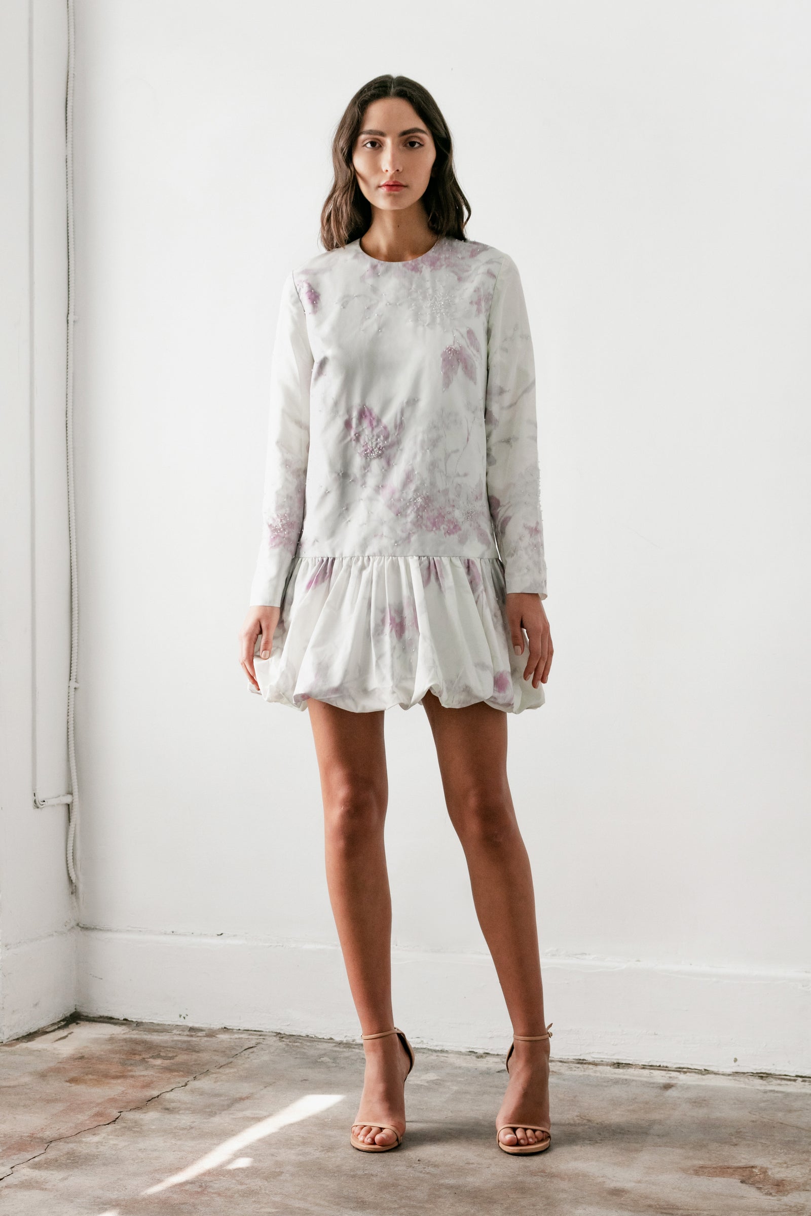 bubble hem dress long sleeve Crew Neck Long Sleeve Drop Waist Bubble Hem Mini Dress