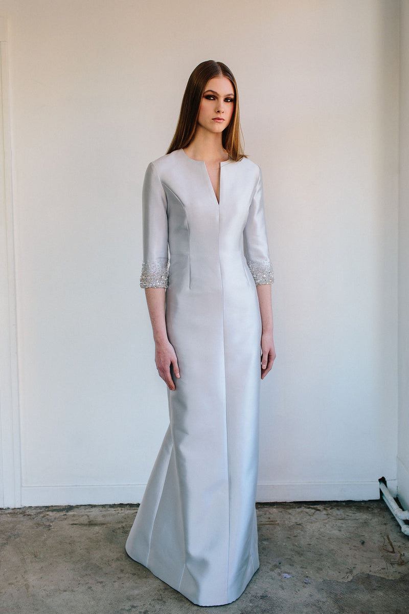 Split Jewel Neck Gown with Swarovski Embellished Cuff – Catherine Regehr