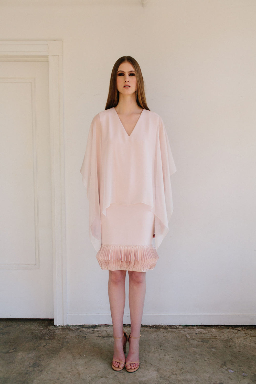 V Neck Capelet Dress with Diamond Hem