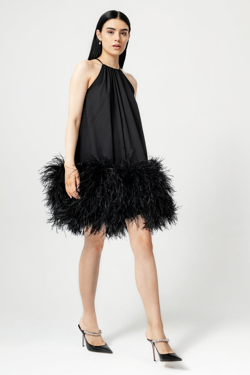 Tie Neck Swing Dress with Ostrich Feather Hem Catherine Regehr Tie Neck Swing Dress with Ostrich Feather Hem Catherine Regehr