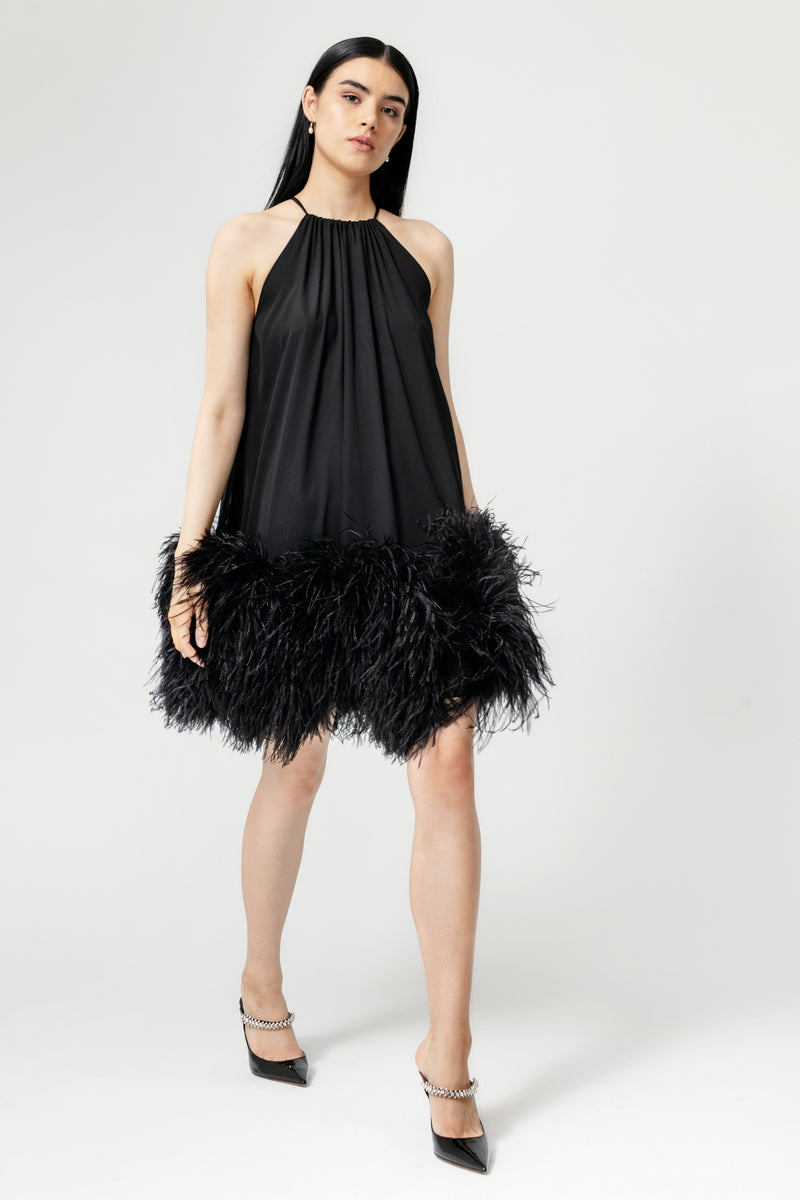 Tie Neck Swing Dress with Ostrich Feather Hem Catherine Regehr Tie Neck Swing Dress with Ostrich Feather Hem Catherine Regehr