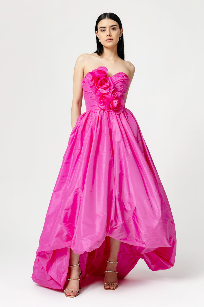 Strapless Rose Gown with High Low Hem