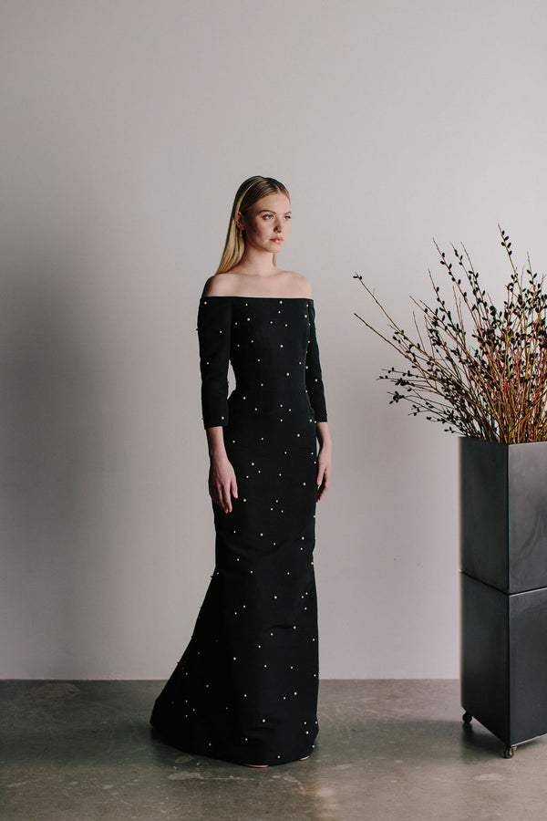 Off Shoulder Blanche Gown with All Over Scattered Pearls
