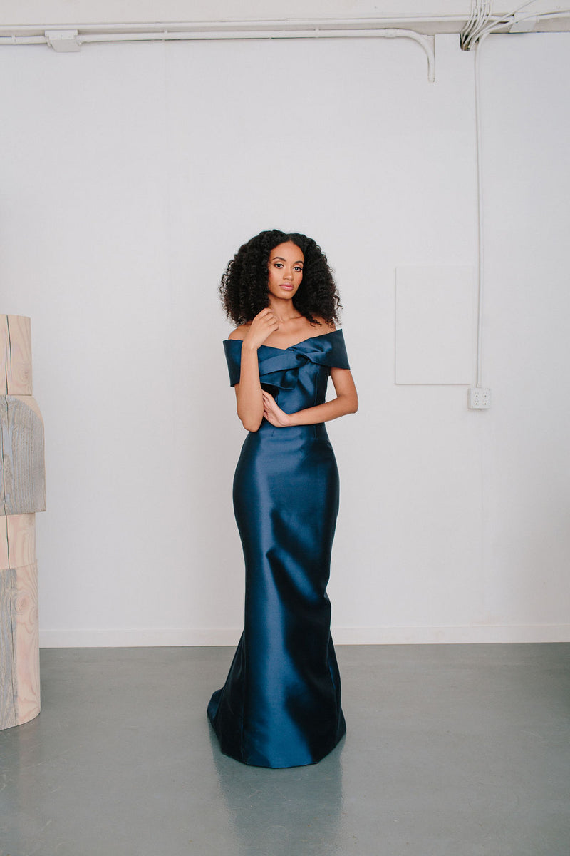 catherine regehr off the shoulder dress Off Shoulder Roll Collar Gown with Spiral Hem