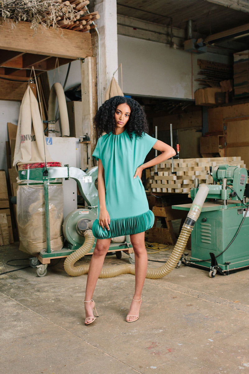 Pleated Jewel Neck Shift with Oval Disc Hem Pleated Jewel Neck Shift with Oval Disc Hem