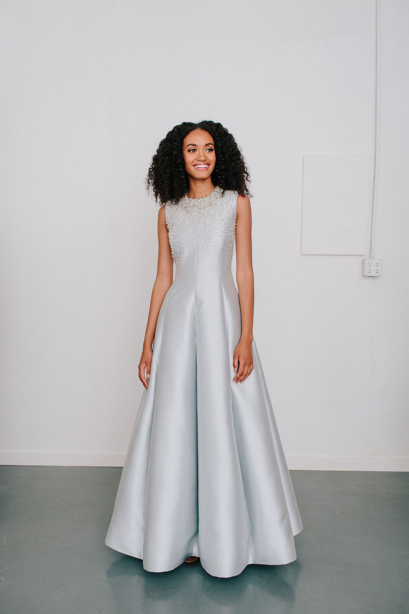 Jewel Neck Jackie Van Der Rohe Gown with Crystal Bodice Catherine Regehr Jewel Neck Jackie Van Der Rohe Gown with Crystal Bodice Catherine Regehr