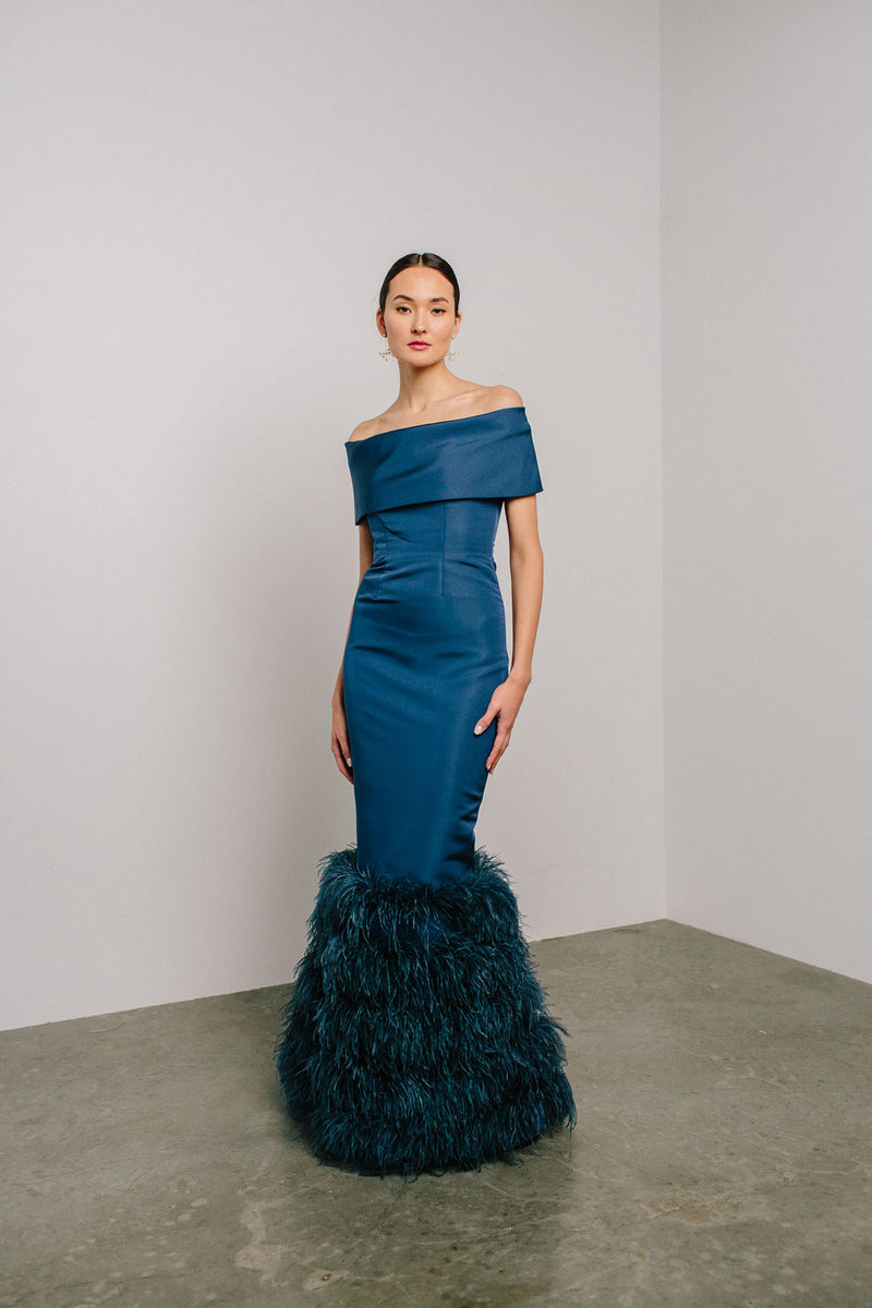Off Shoulder Gown with Tiered Feather Hem