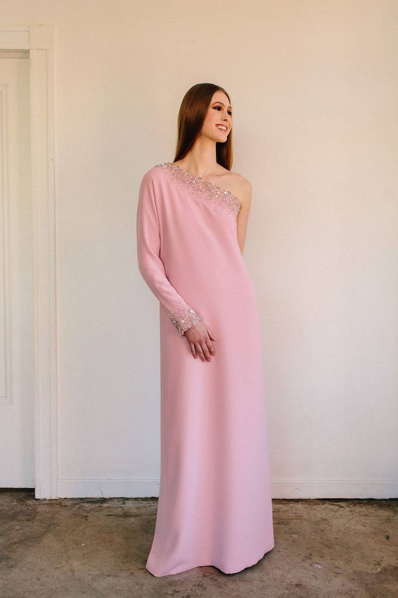 One Shoulder Sheath with Embellished Neck and Cuff Catherine Regehr One Shoulder Sheath with Embellished Neck and Cuff Catherine Regehr