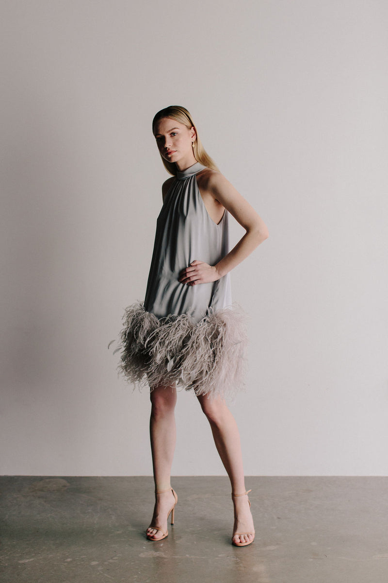 T-Neck Swing Dress with Ostrich Feather Hem
