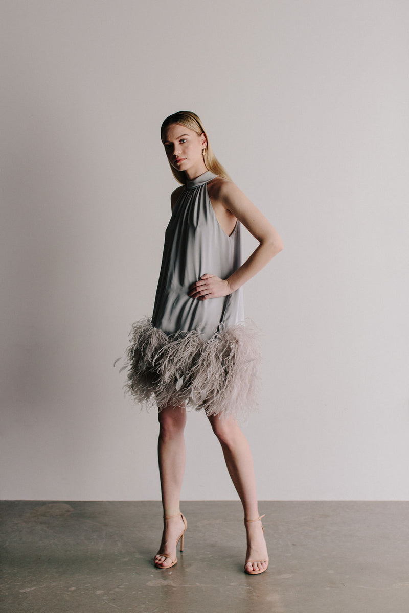 T-Neck Swing Dress with Ostrich Feather Hem T-Neck Swing Dress with Ostrich Feather Hem