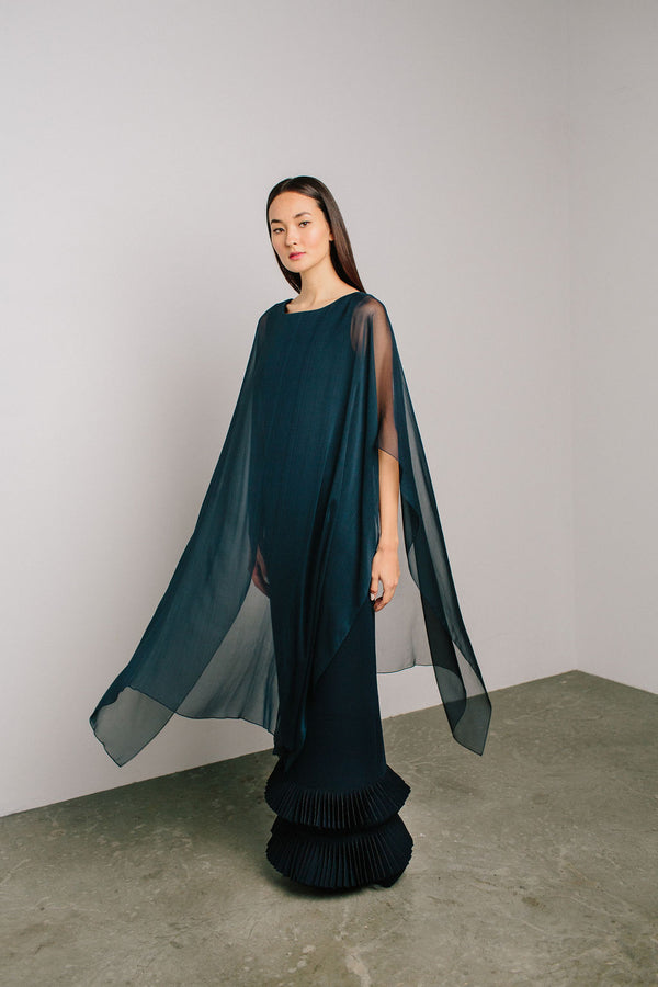Boat Neck Capelet Gown with Diamond Hem
