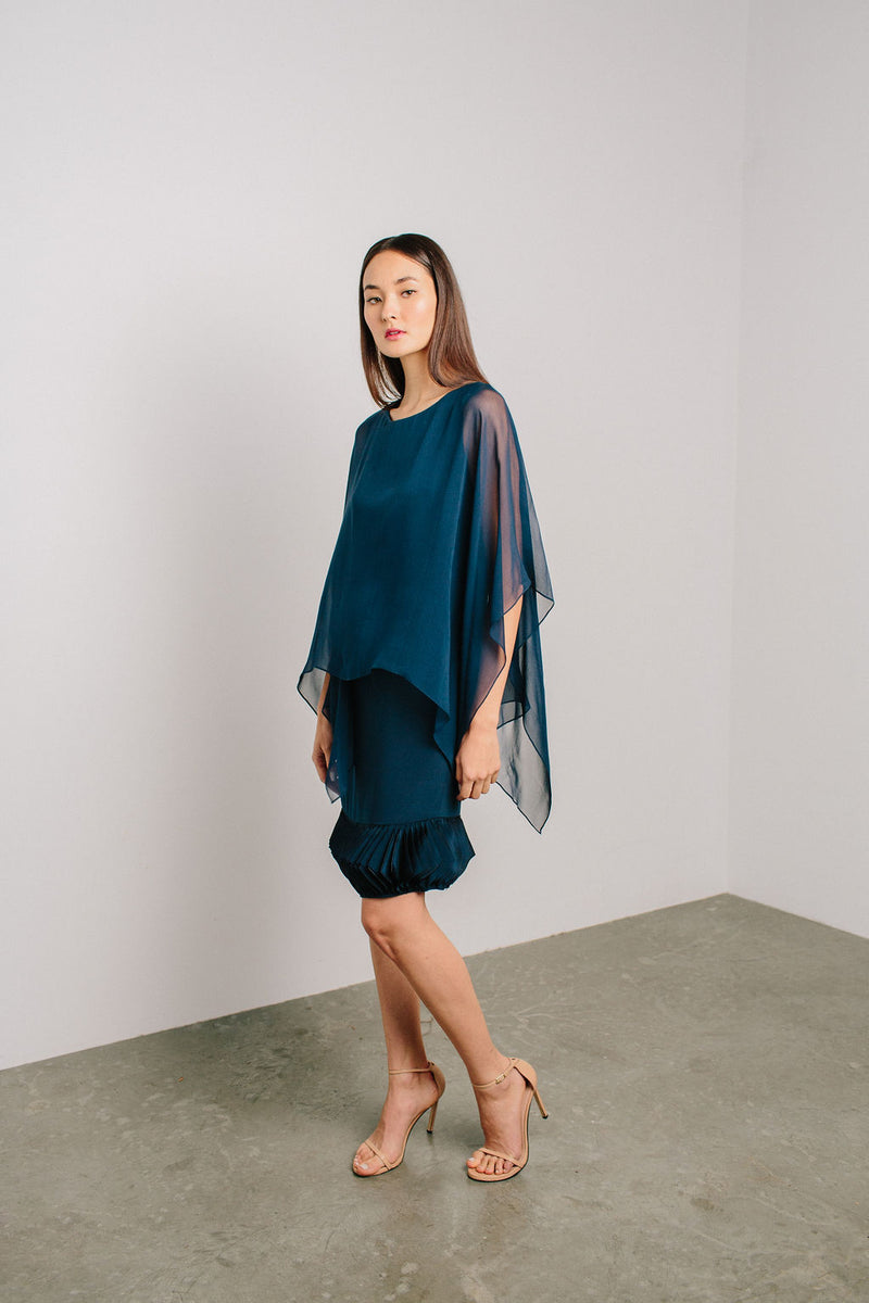 Boat Neck Capelet Dress with Diamond Hem Boat Neck Capelet Dress with Diamond Hem