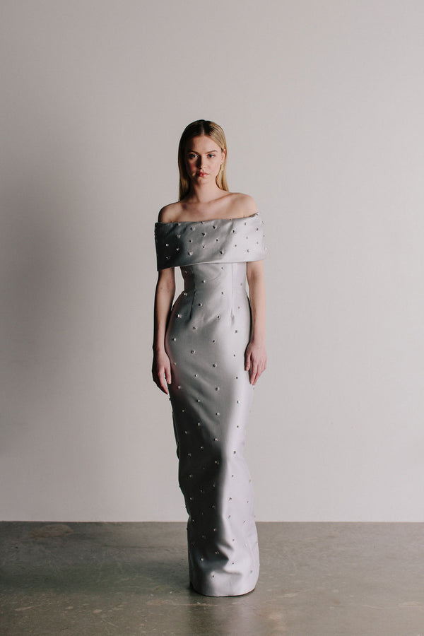 Off Shoulder Grace Gown with All Over Baguette Gems