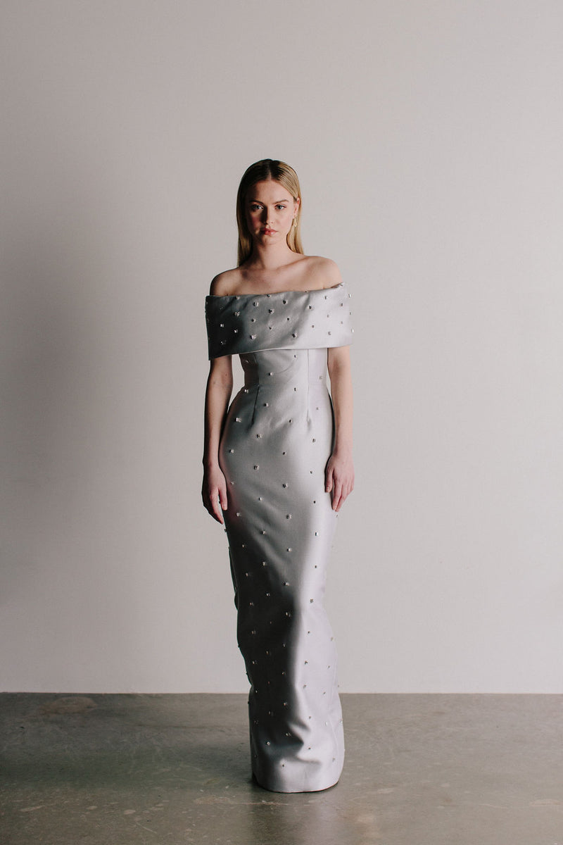 Off Shoulder Grace Gown with All Over Baguette Gems