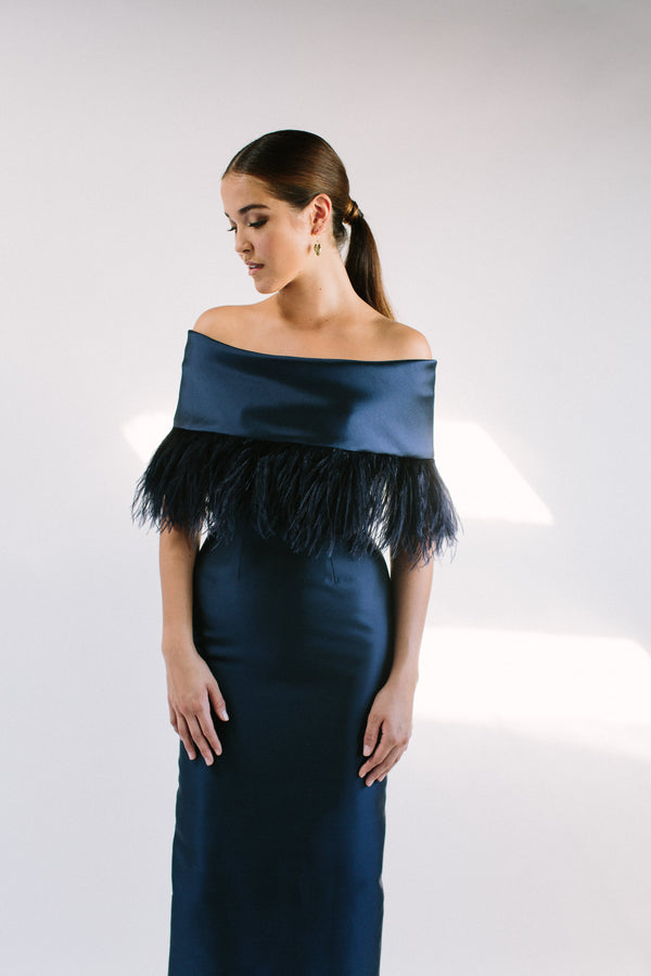 Off Shoulder Roll Collar Gown with Feather Trim