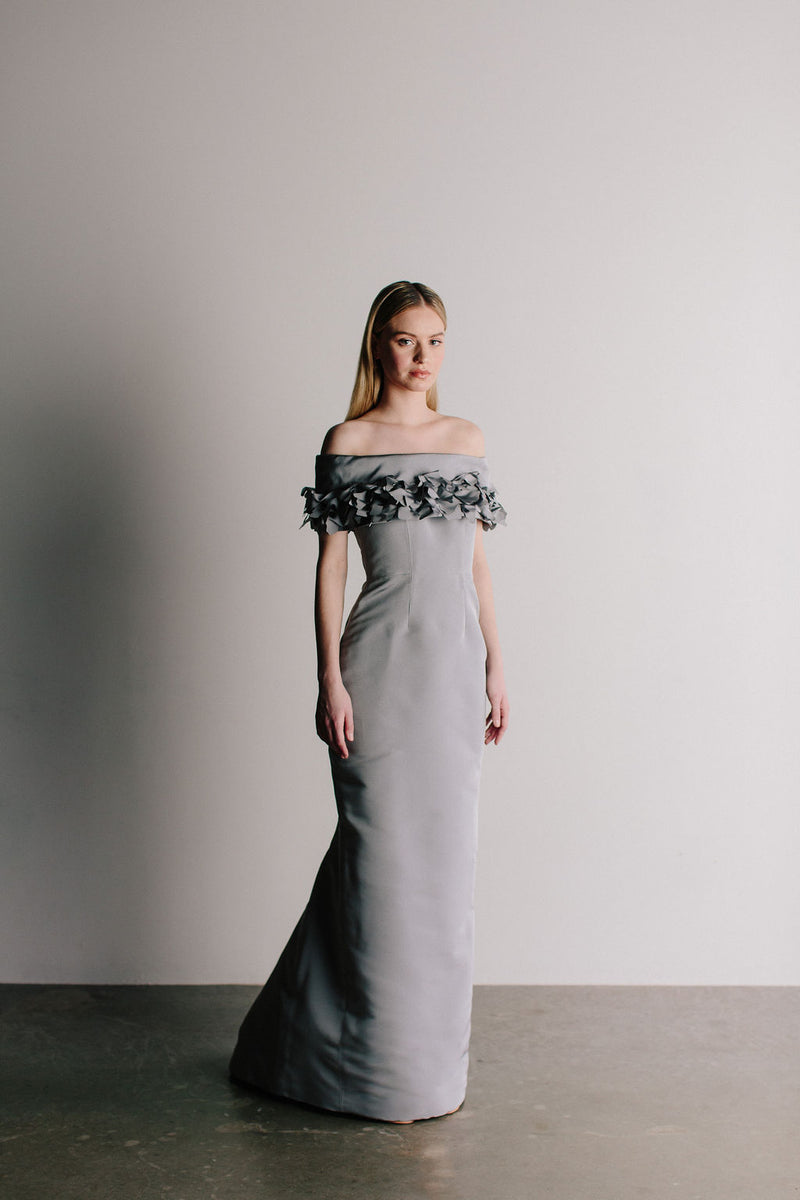 Off Shoulder Grace Gown with Ruffle Collar