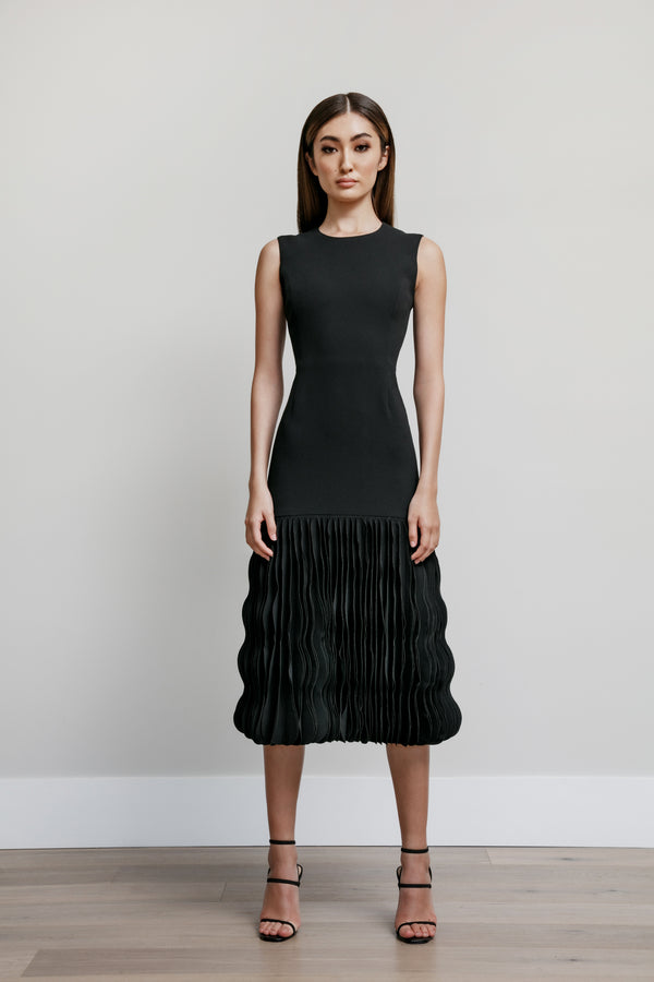 Jewel Neck Fitted Dress with A-Line Wave Skirt