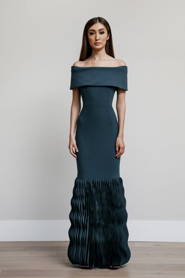 Off Shoulder Roll Collar Gown with Wave Hem
