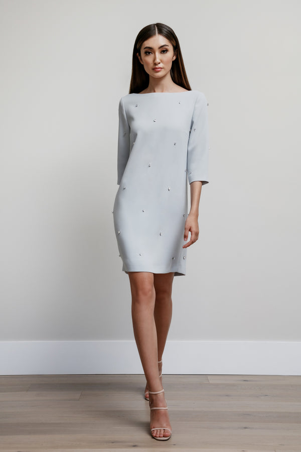 Boat Neck Dress with All Over Scattered Crystals