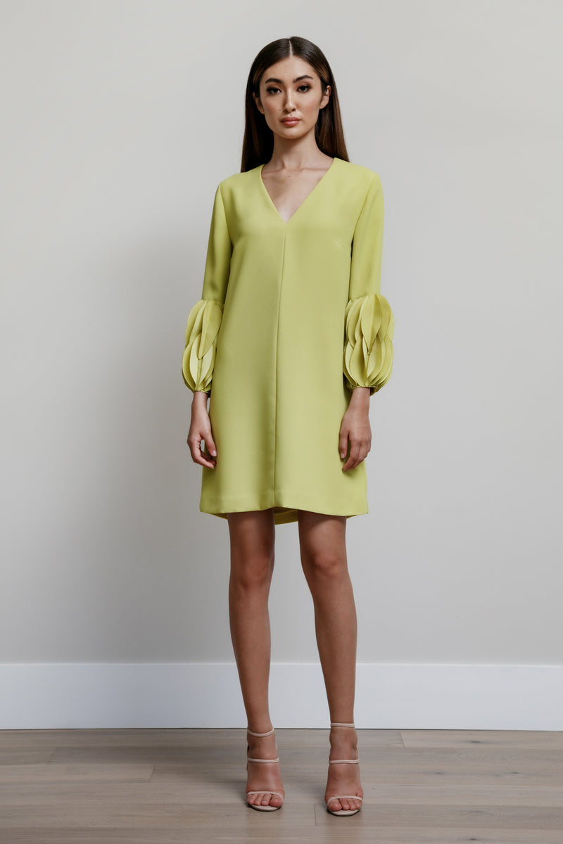 V-Neck Arak Dress with Overlapping Oval Disc Cuff
