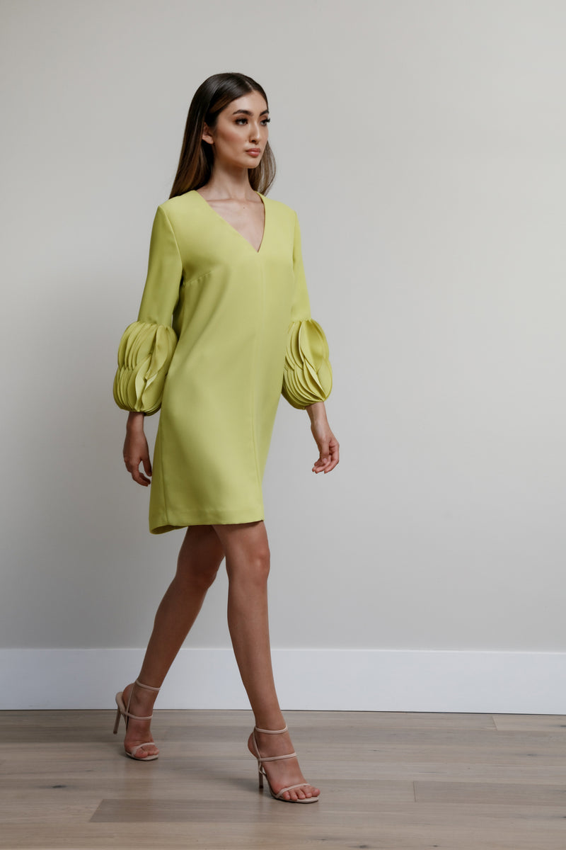V-Neck Arak Dress with Overlapping Oval Disc Cuff