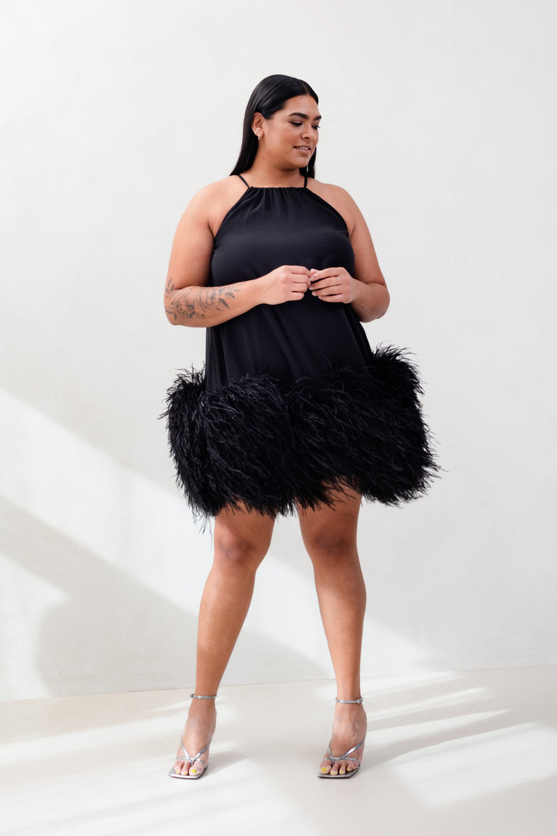 Tie Neck Swing Dress with Ostrich Feather Hem Catherine Regehr Tie Neck Swing Dress with Ostrich Feather Hem Catherine Regehr