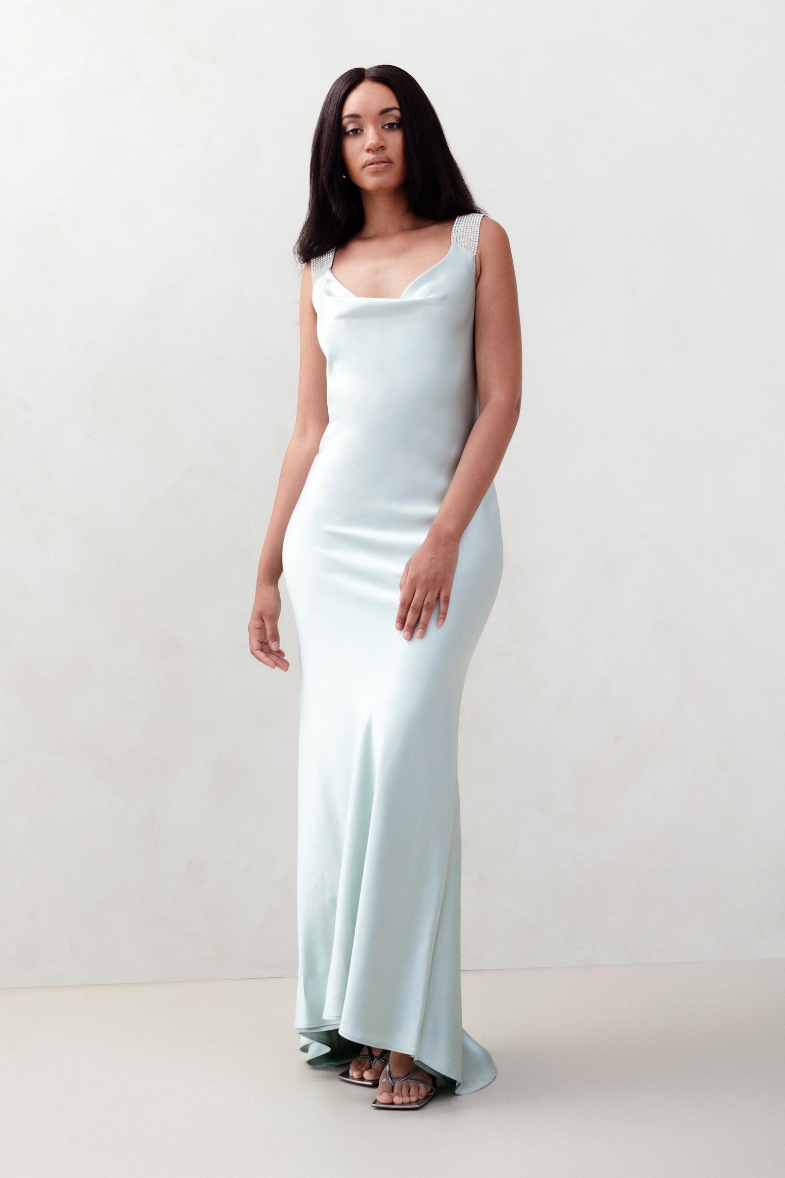 Bias Cowl Sheath with Pavé Shoulder Straps – Catherine Regehr