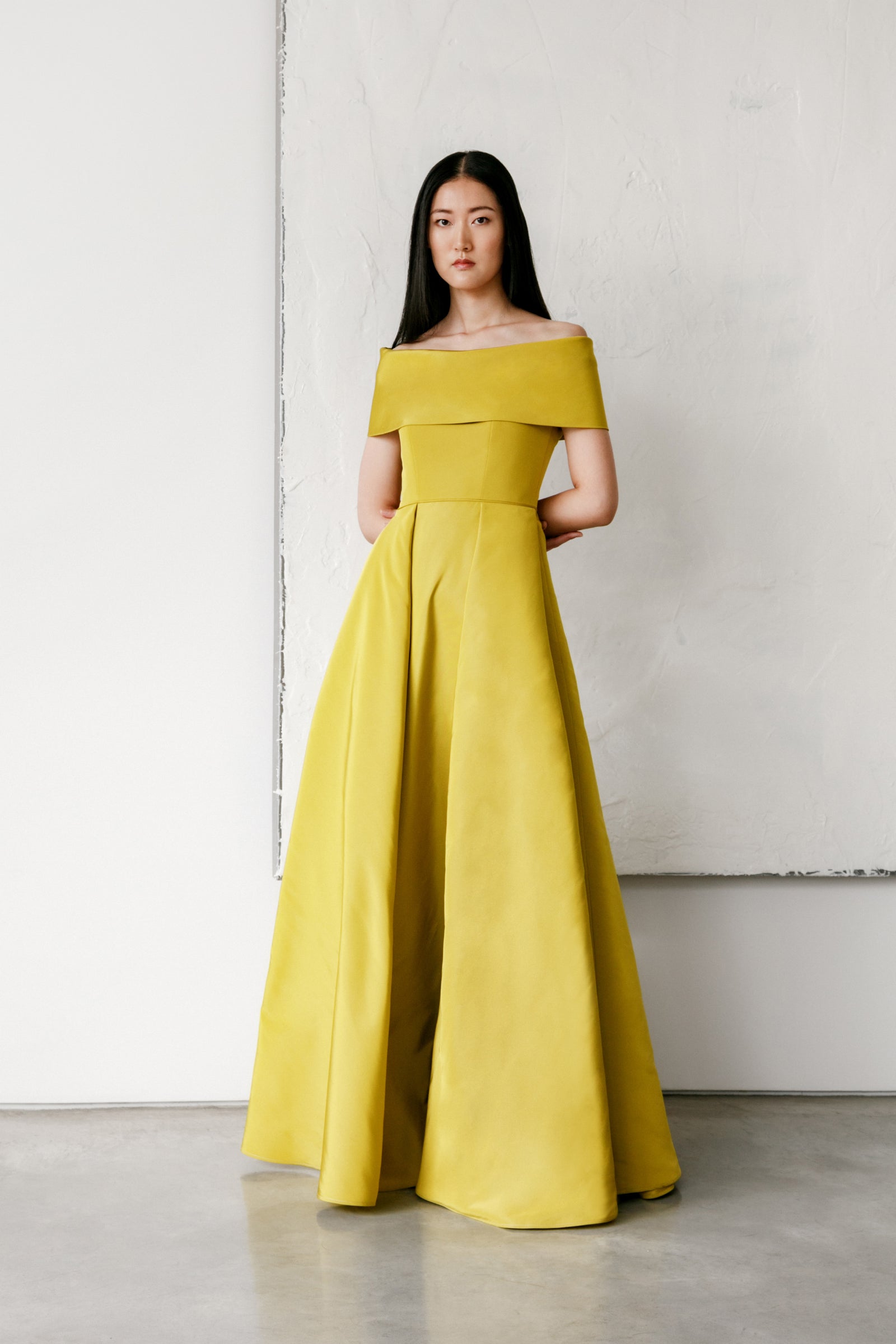 Off Shoulder Roll Collar Gown with Bias Pleat Skirt Catherine Regehr Off Shoulder Roll Collar Gown with Bias Pleat Skirt Catherine Regehr