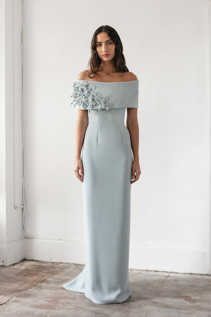 Off Shoulder Gown with Lilac & Wisteria Spray – Catherine Regehr