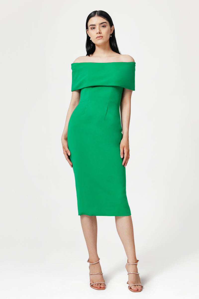 catherine regehr off the shoulder dress Off Shoulder Roll Collar V Neck Gown with Spiral Hem