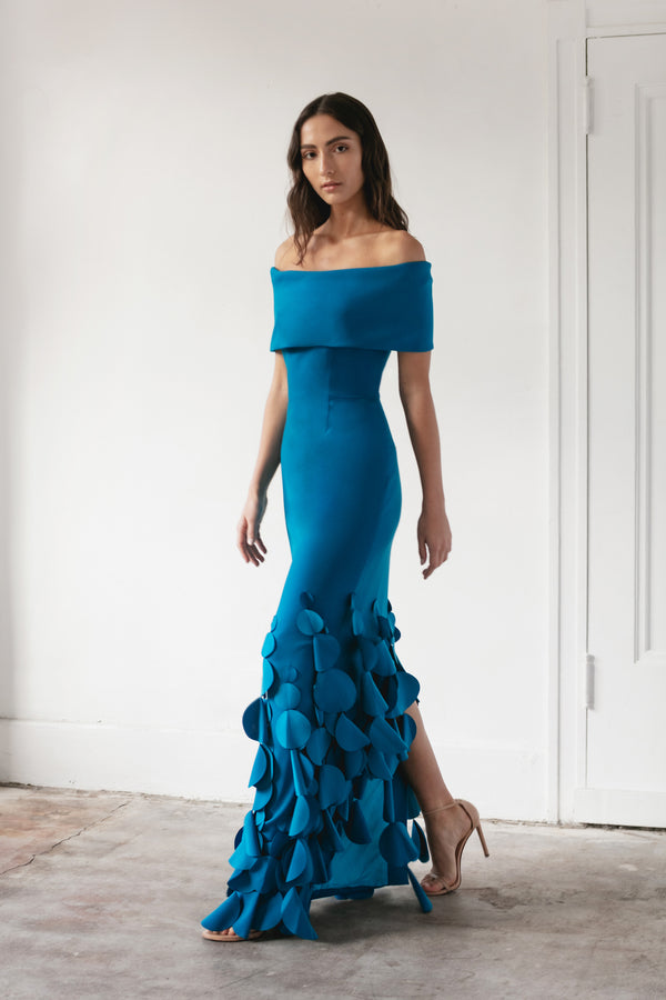 Off Shoulder Roll Collar Gown with Swinging Disc Hem