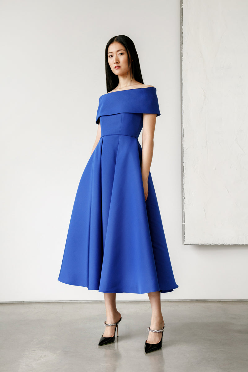 Off Shoulder Roll Collar Dress with Bias Pleat Tea Length Skirt – Catherine Regehr Off Shoulder Roll Collar Dress with Bias Pleat Tea Length Skirt – Catherine Regehr
