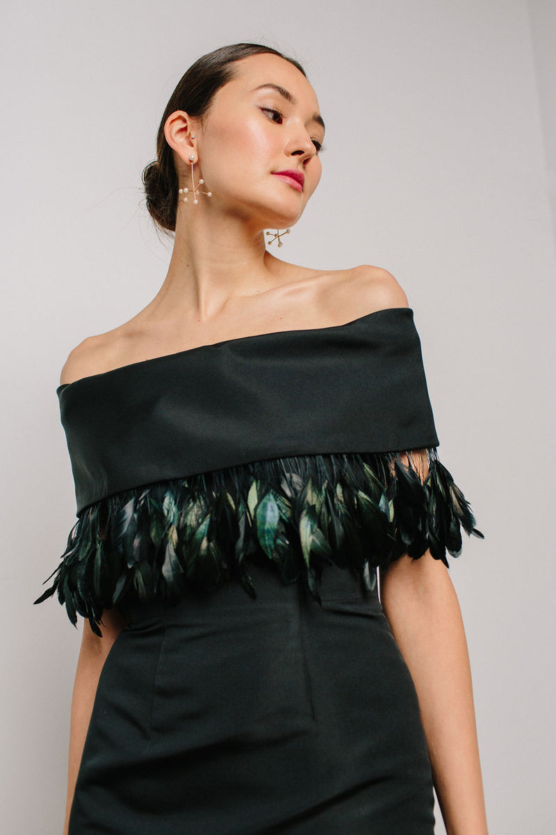 Off Shoulder Roll Collar Gown with Coque Feather Trim