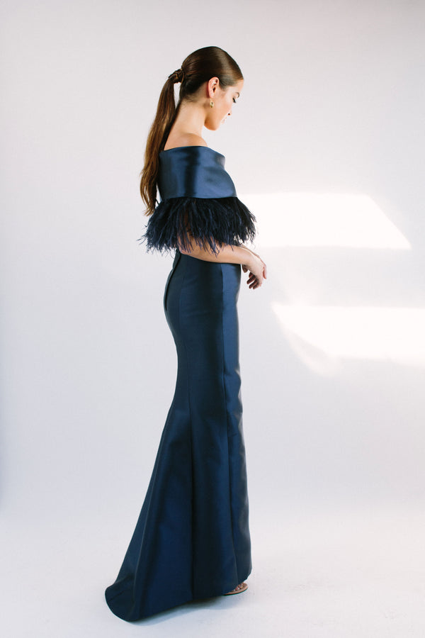Off Shoulder Roll Collar Gown with Feather Trim
