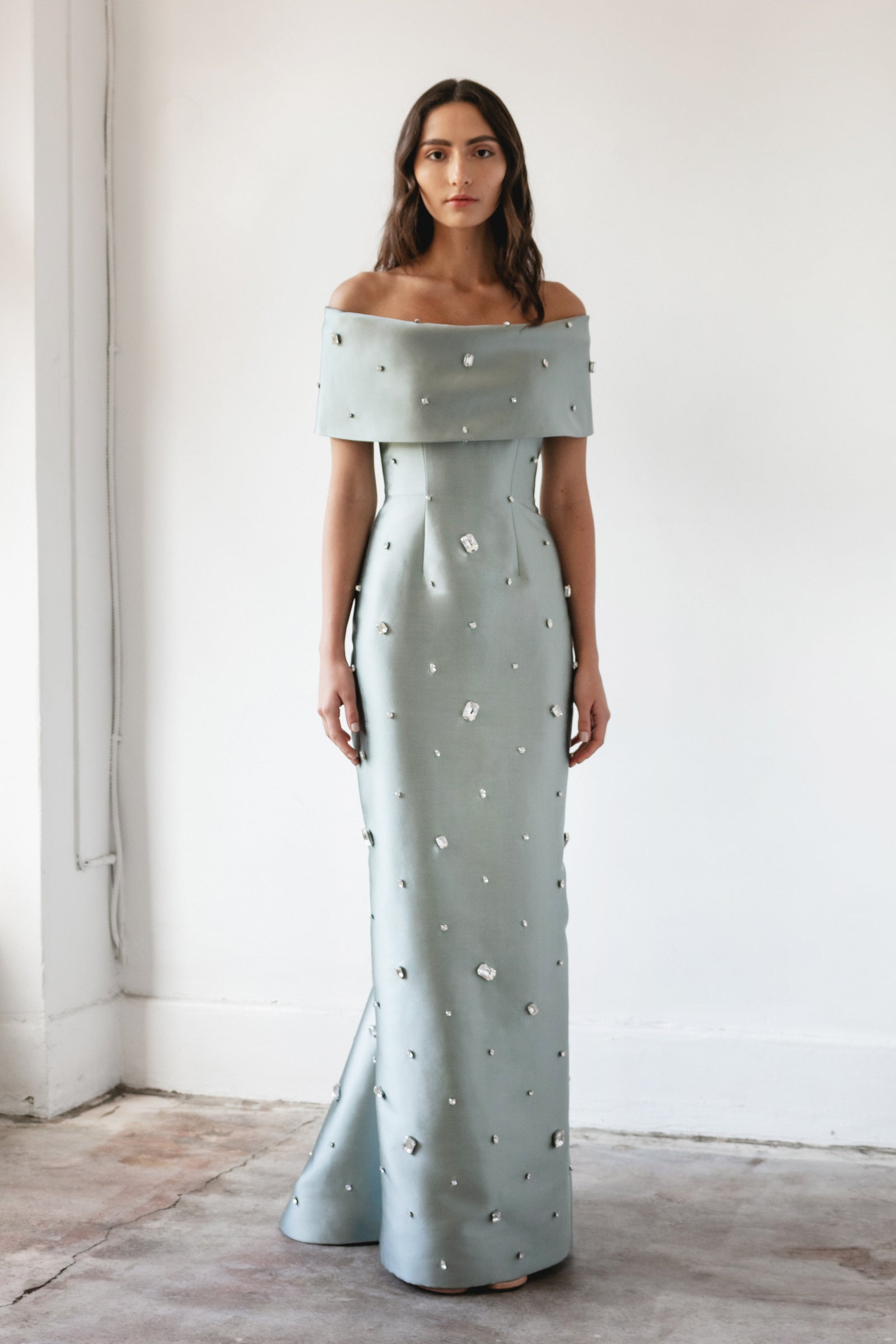 Off Shoulder Roll Collar Gown with Scattered Gems Catherine Regehr Off Shoulder Roll Collar Gown with Scattered Gems Catherine Regehr