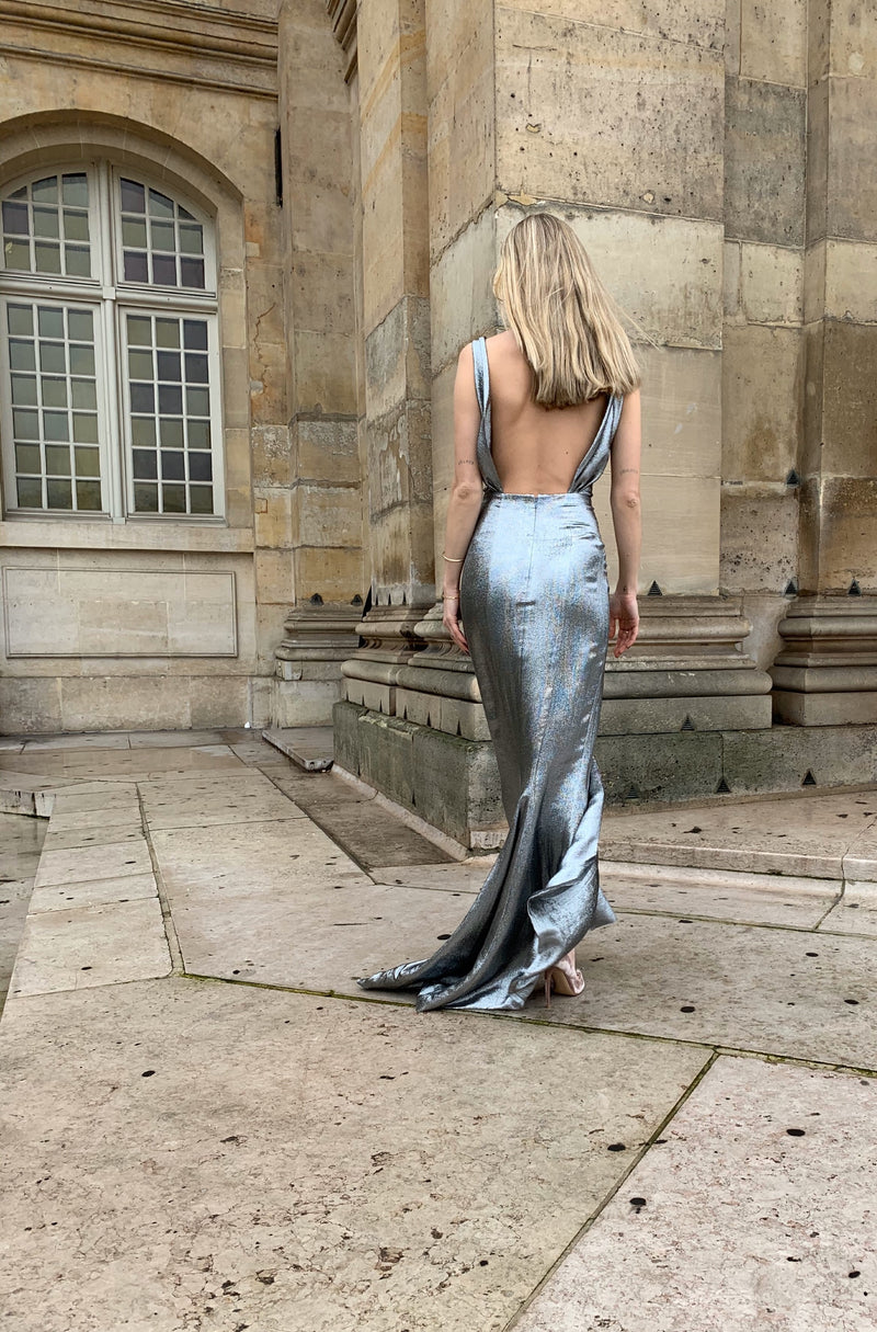 silver lame dress Metallic - Lurex Pleated Dress - Bustier Maxi Dress 70s Does 50s Vintage Silver