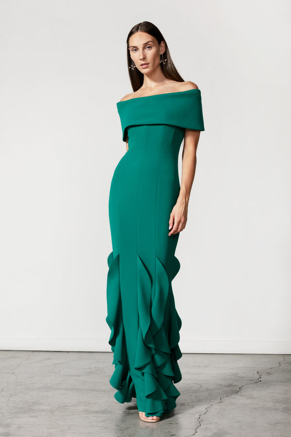Off Shoulder Roll Collar Gown with Ruffle Wave Hem