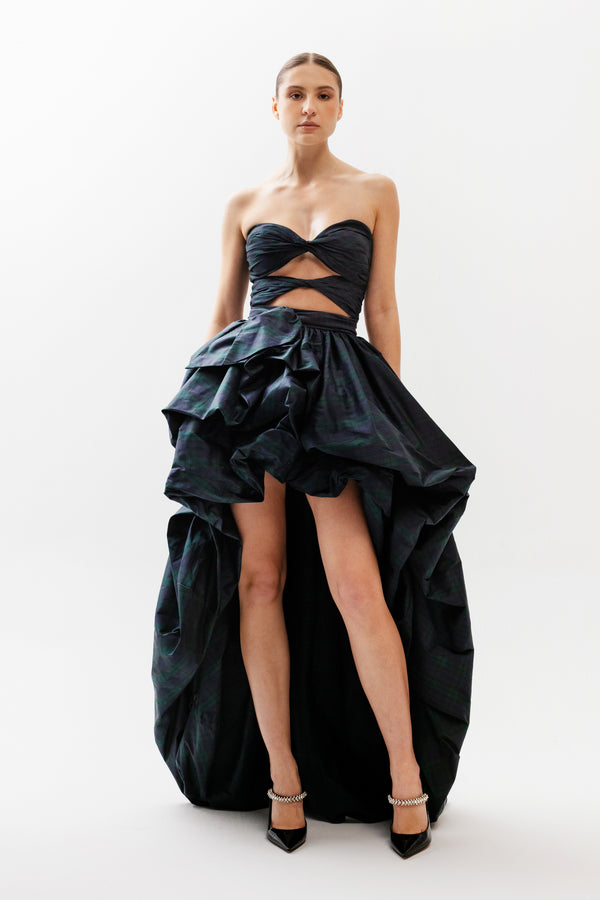 Strapless Twist Cut Out Gown with Hi Lo Skirt