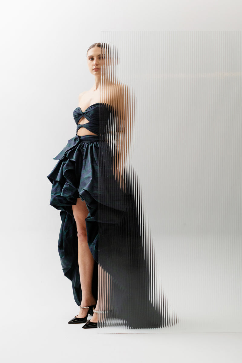 Strapless Twist Cut Out Gown with Hi Lo Skirt Strapless Twist Cut Out Gown with Hi Lo Skirt