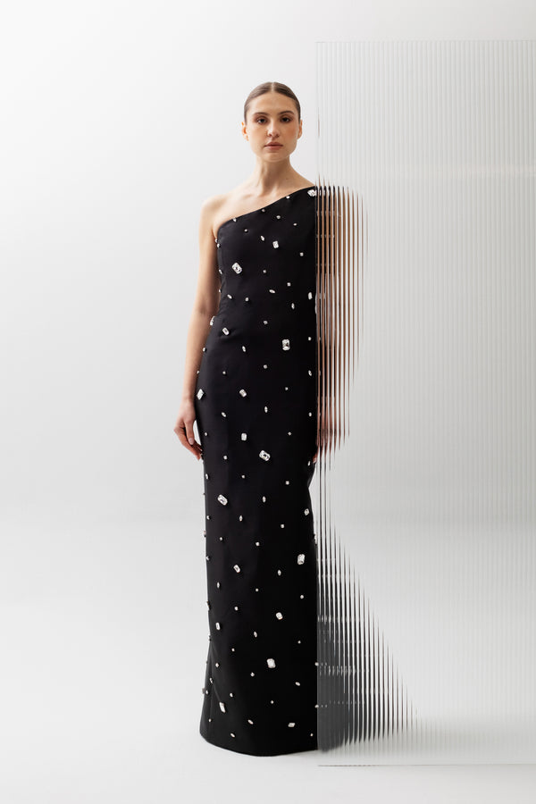 One Shoulder Gown with Scattered Gems