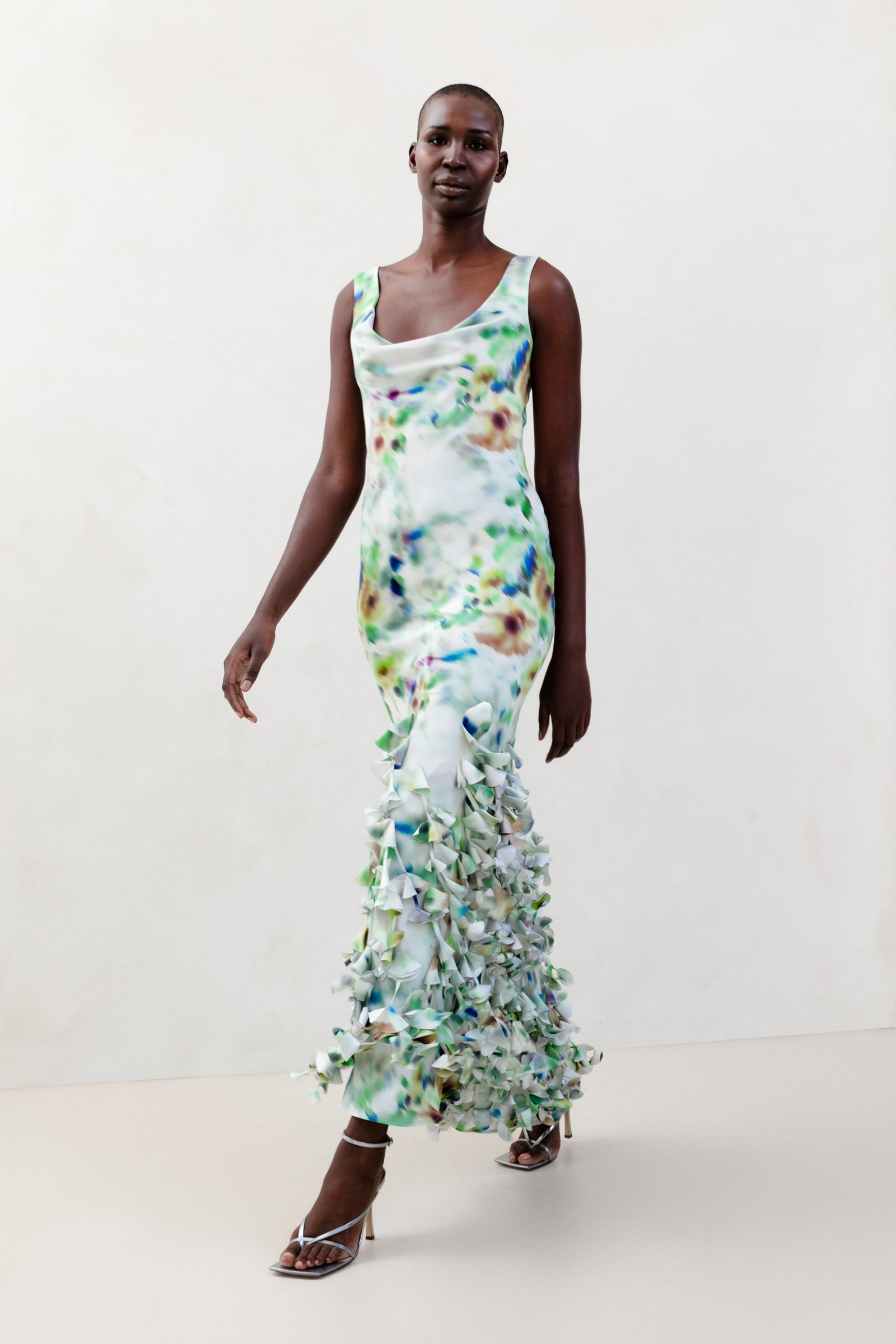 Floral Print Bias Cowl Sheath with Cone Hem