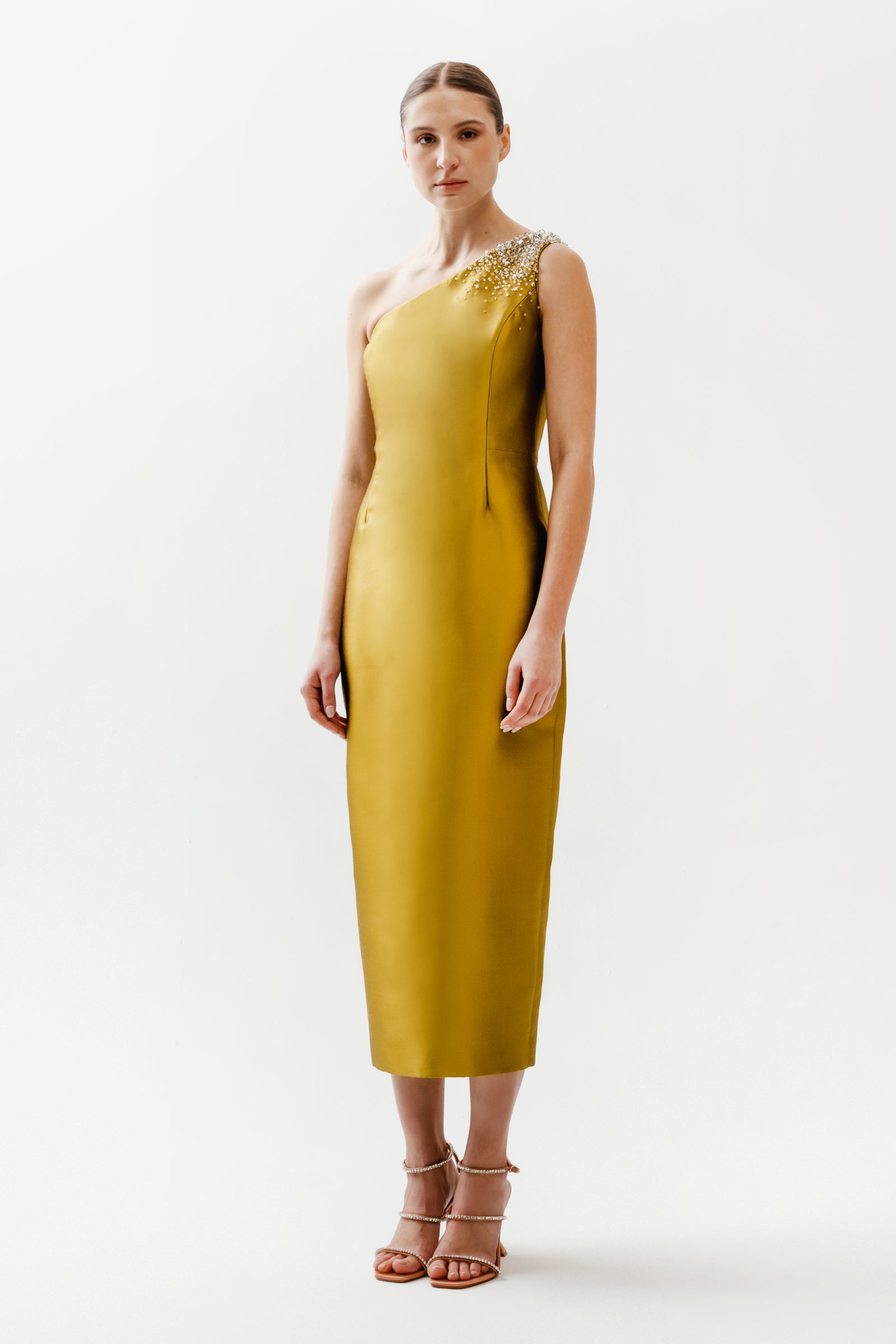 ワンピース   Woman Dress Gold K20K205112 0HS Look 13 One Sleeve Belted Mini Dress Gold Shimmer | Official