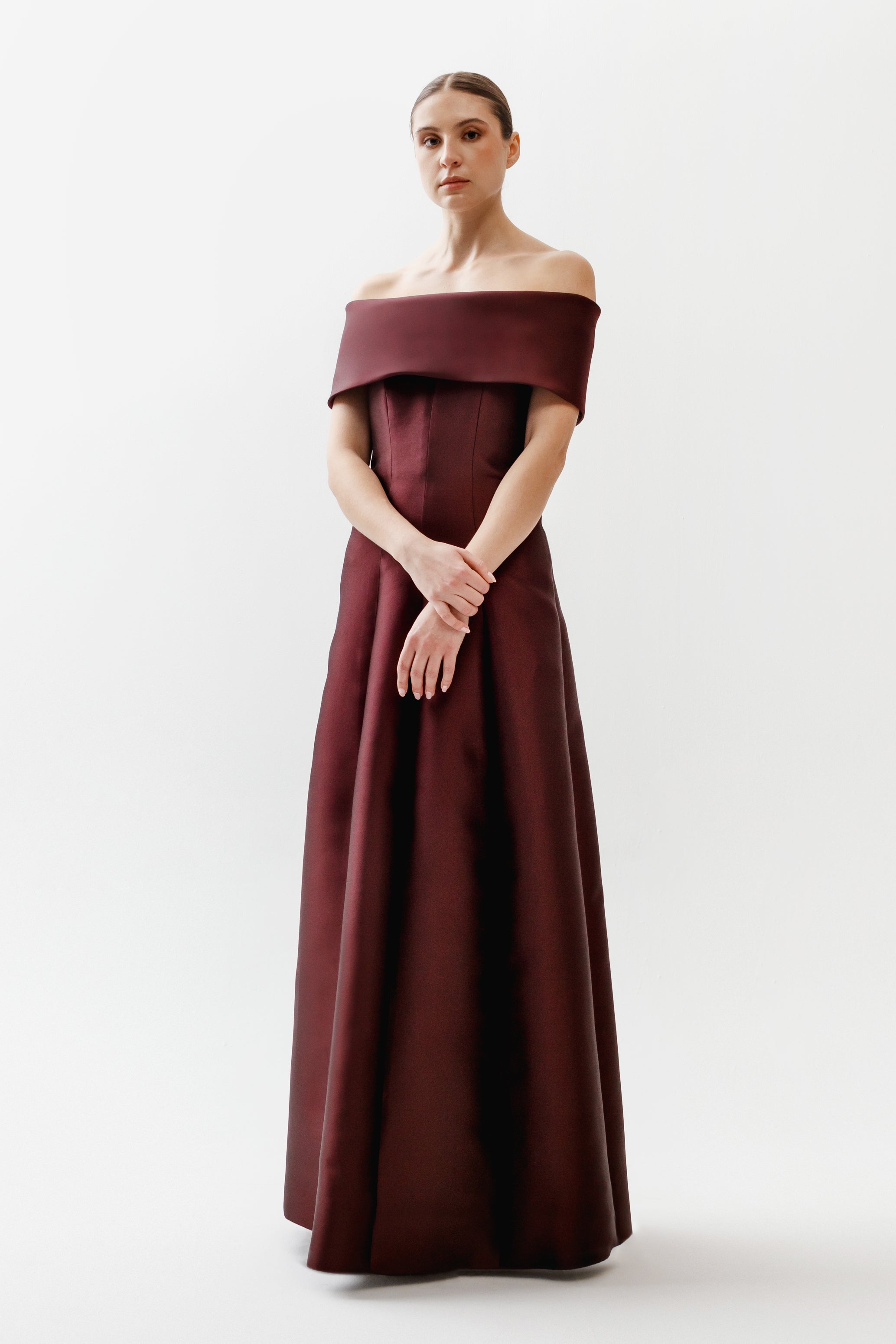 Catherine Regehr Off Shoulder Roll Collar gown with Scattered Pearls