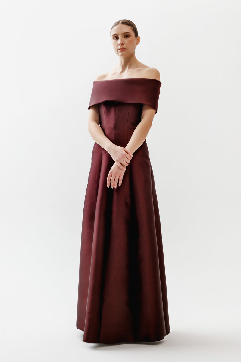 Off Shoulder Roll Collar Gown with Bell Skirt