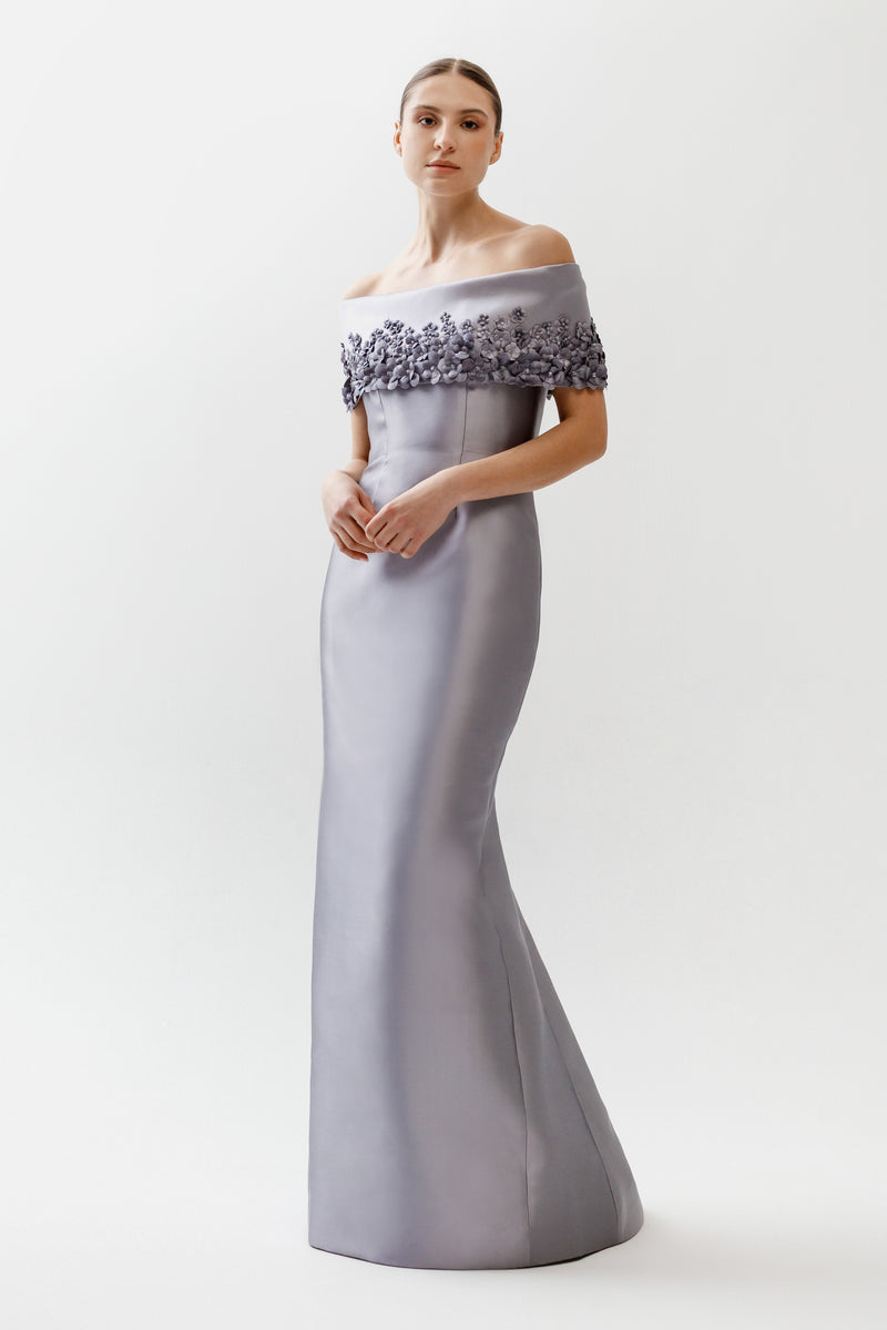 catherine regehr off the shoulder dress Off Shoulder Roll Collar Gown with Spiral Hem